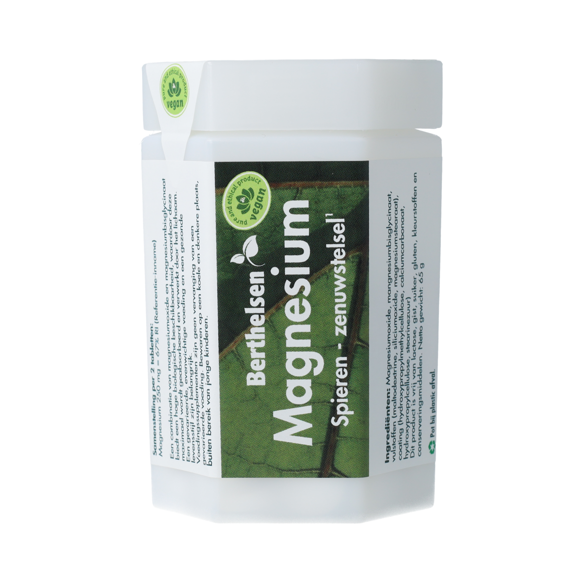 Berthelsen Magnesium 250mg mineral tablets, 90 count, showing the supplement bottle with white tablets inside.