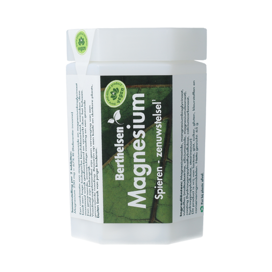 Berthelsen Magnesium 250mg mineral tablets, 90 count, showing the supplement bottle with white tablets inside.