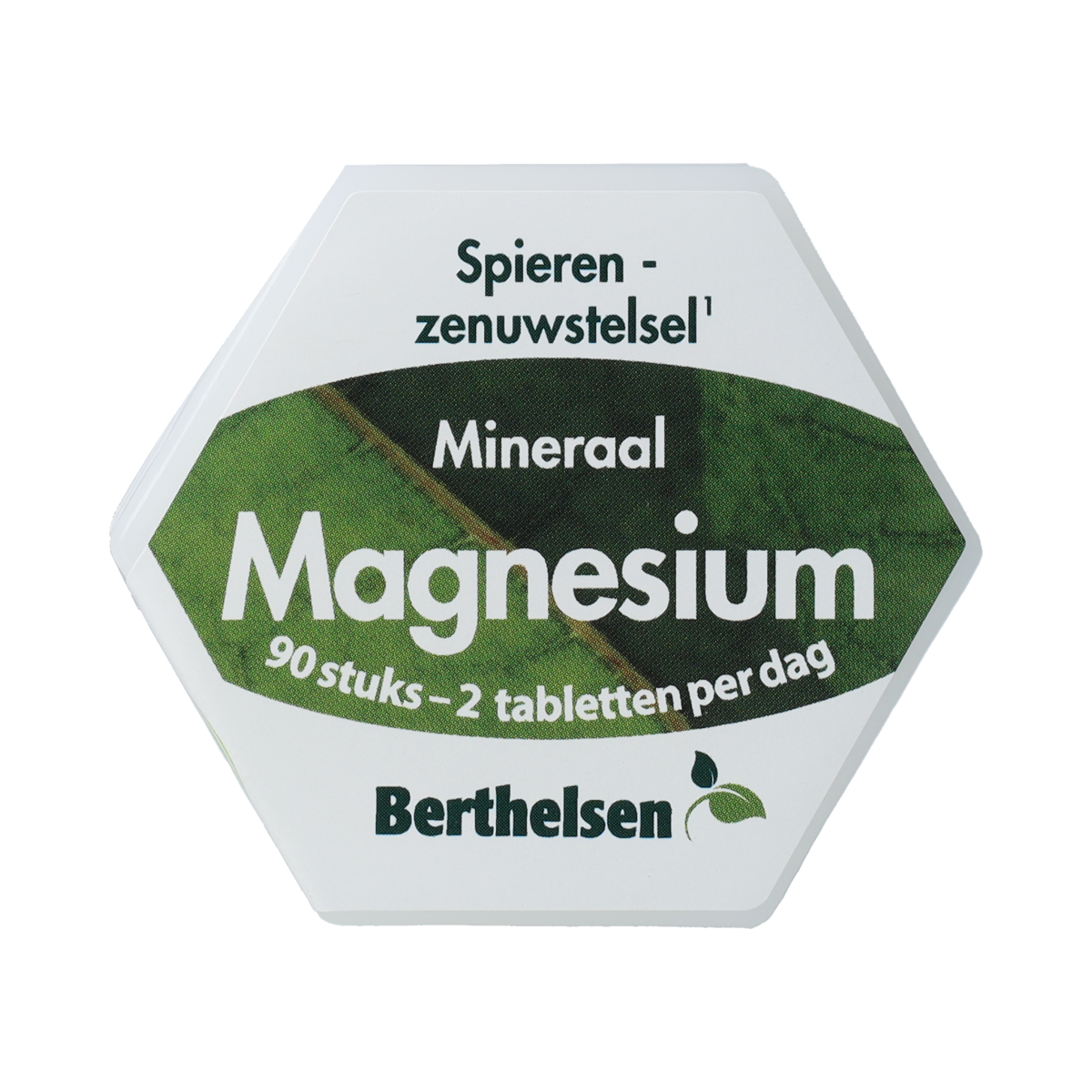 Berthelsen Magnesium 250mg mineral tablets in a blister pack, showing the bottle and tablets for dietary supplement use.