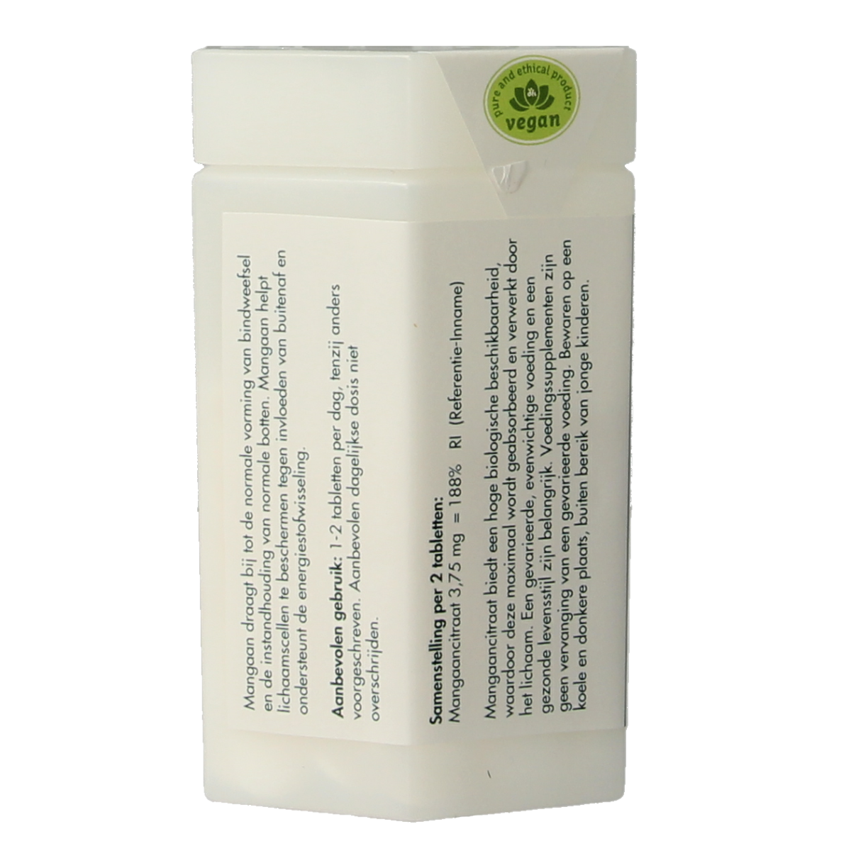 Berthelsen mineral supplement bottle with 250 tablets of 3.75mg manganese citrate, showing the label and tablets inside.