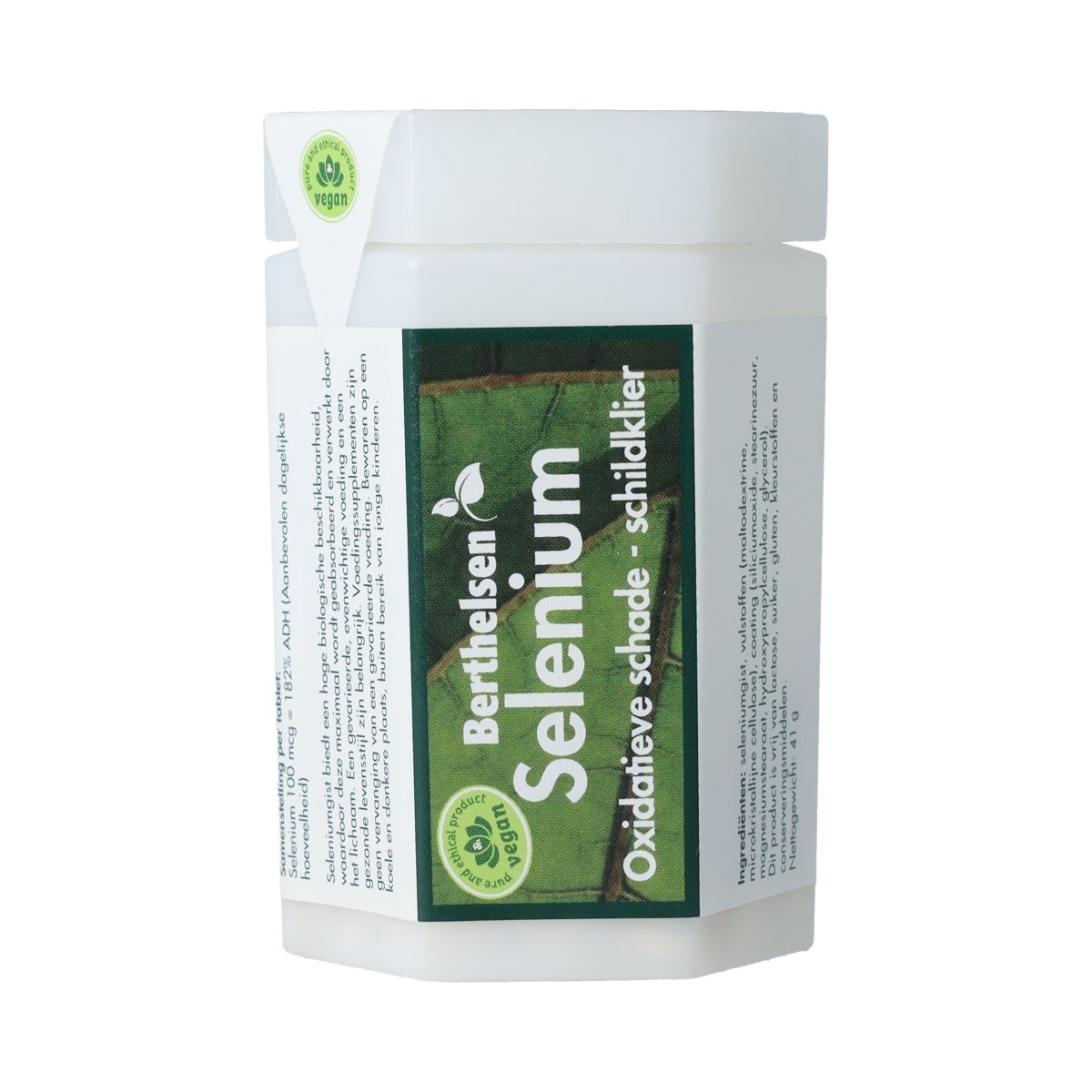 Berthelsen Selenium 100mcg mineral tablets, showing a bottle with white tablets and label details.