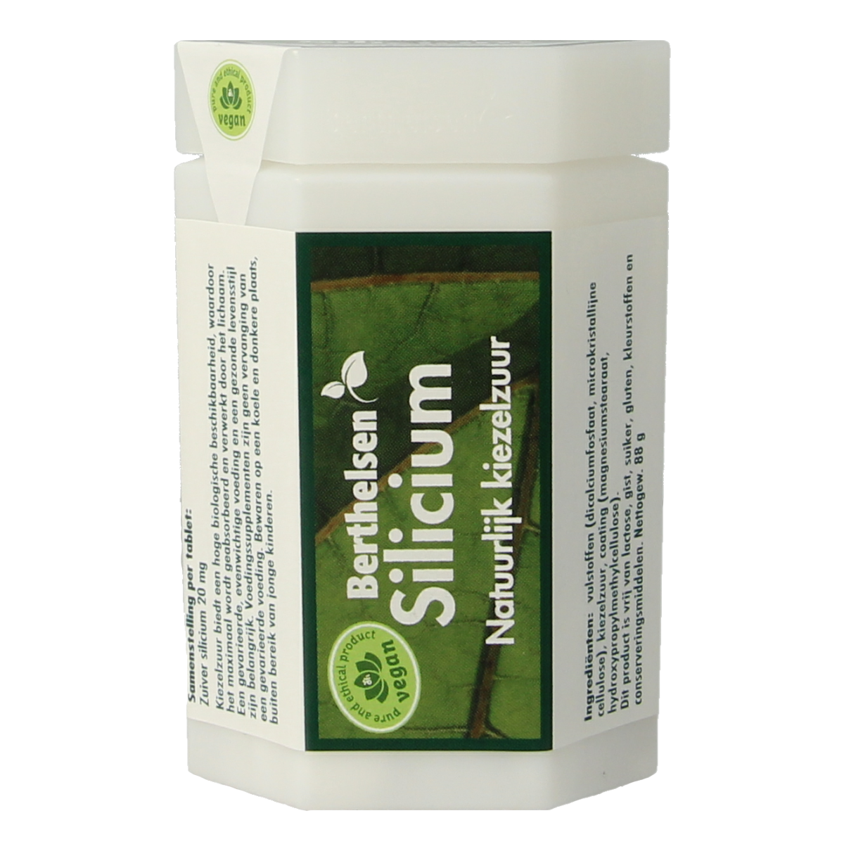 Berthelsen Silicium 20mg mineral tablets in a bottle, showing the label and 240 tablets for healthy skin and hair support.