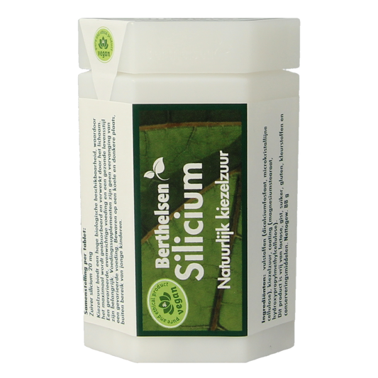 Berthelsen Silicium 20mg mineral tablets in a bottle, showing the label and 240 tablets for healthy skin and hair support.