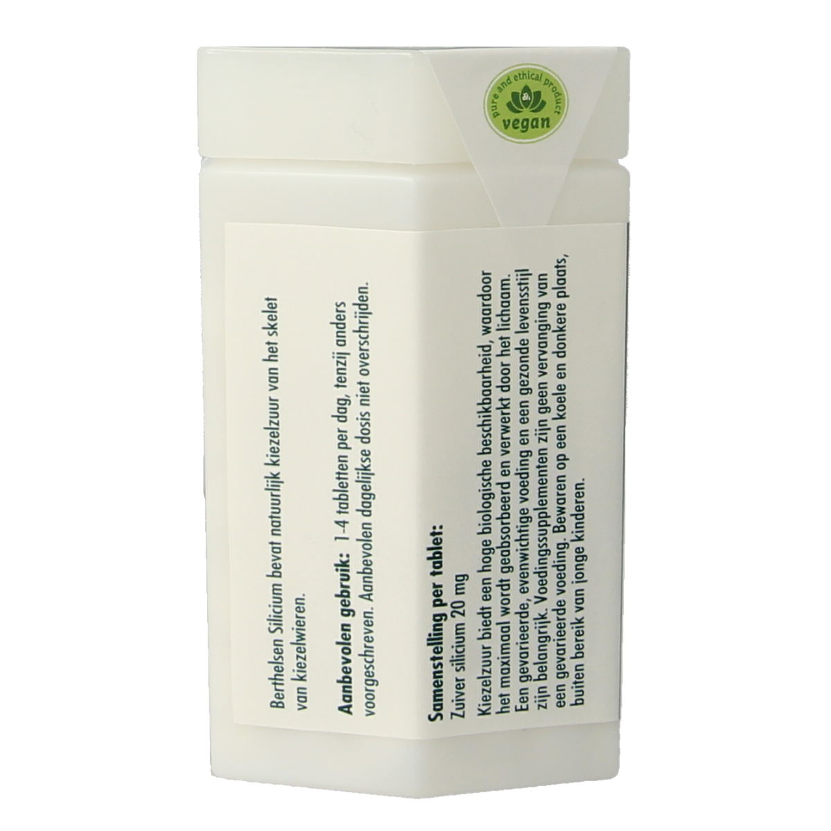 Berthelsen Silicium 20mg mineral supplement in a bottle with 240 tablets, showing the product label and tablets inside.