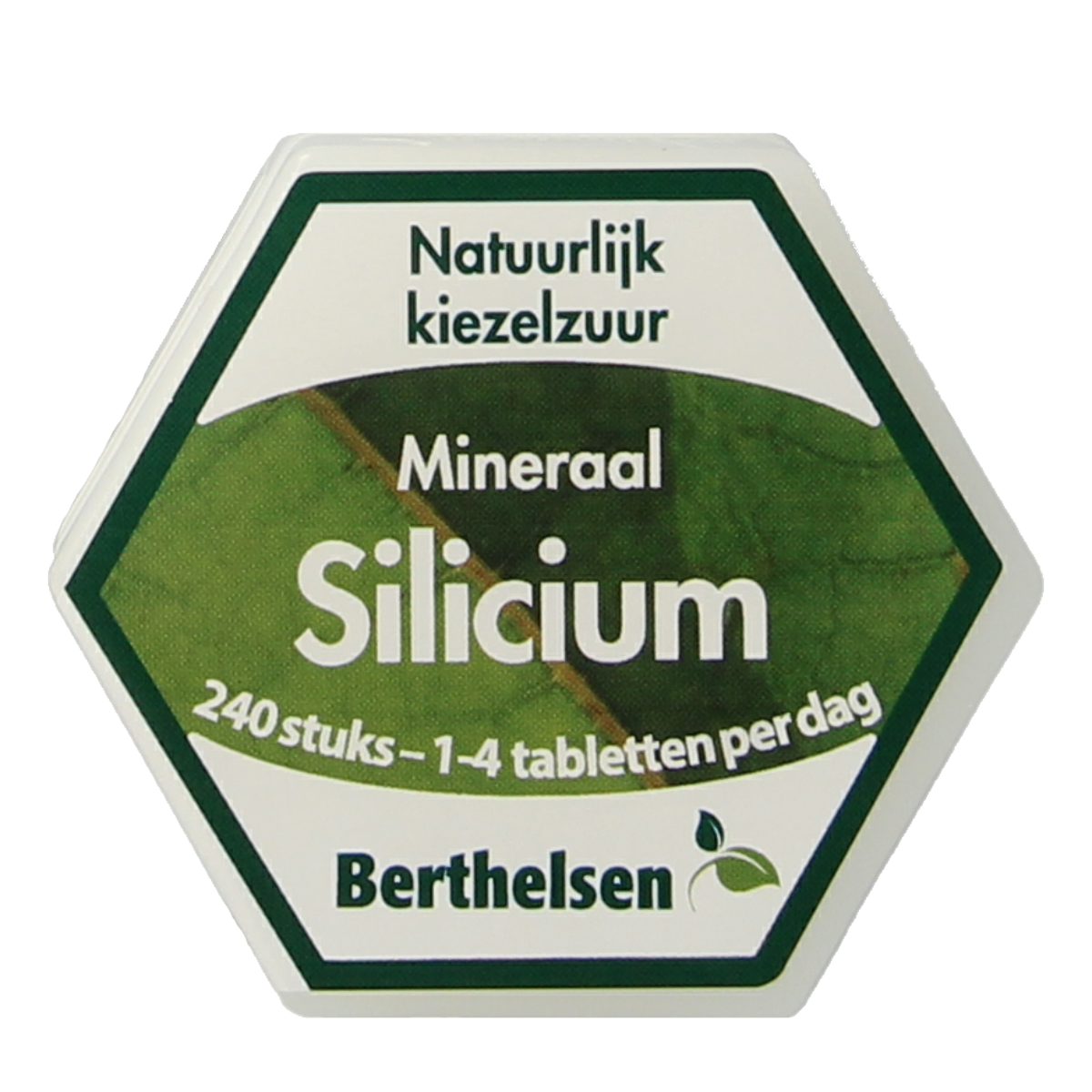 Berthelsen Silicium 20mg mineral tablets, 240 count, showing the supplement bottle with tablets inside.