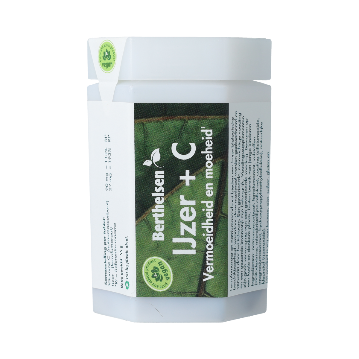 Berthelsen IJzer + vitamine C multivitamin tablets, 90 count, featuring iron and vitamin C for daily health support.