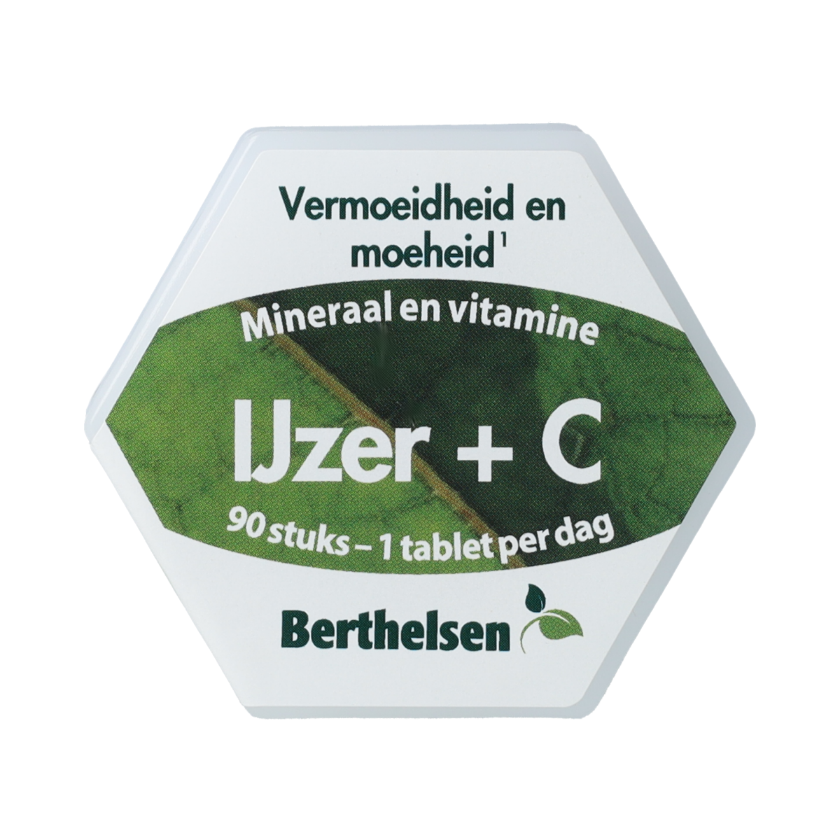 Berthelsen IJzer + vitamine C multivitamin tablets, 90 count, showing the bottle and tablets on a white background.