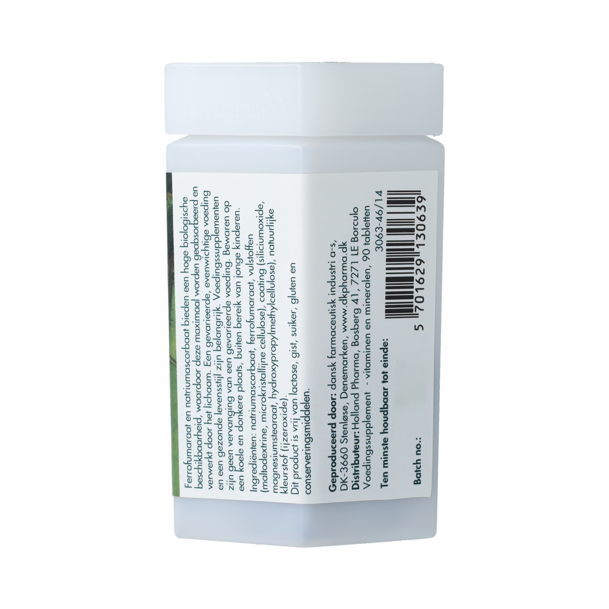 Berthelsen IJzer + vitamine C multivitamin tablets in a blister pack, featuring orange and white packaging with tablet images.