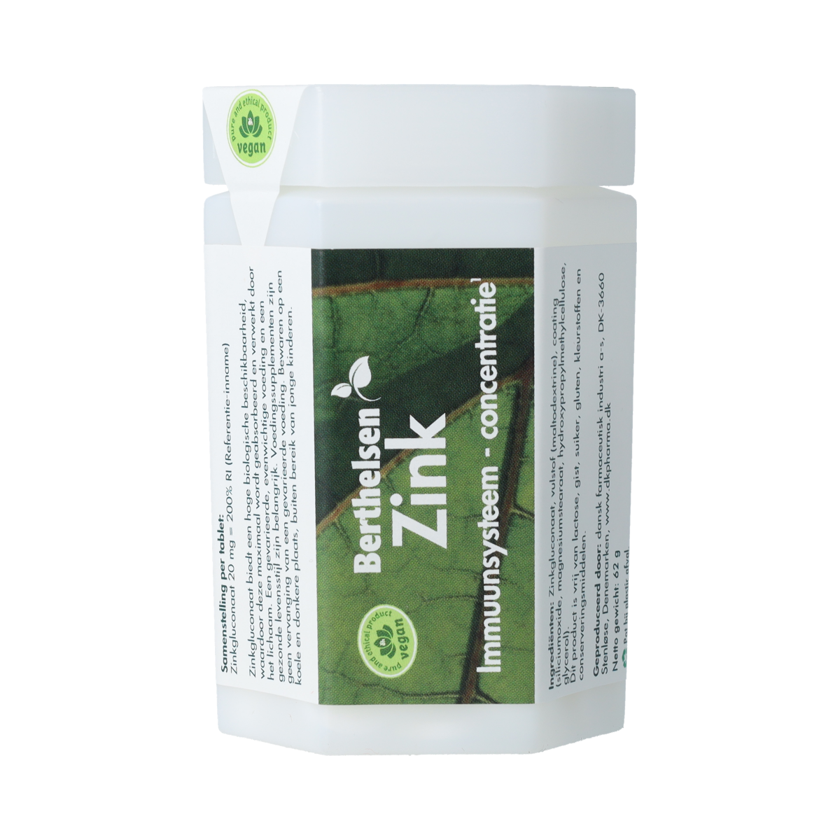 Berthelsen Zink Gluconaat 20mg mineral supplement tablets, 120 count, showing the product packaging and tablets.