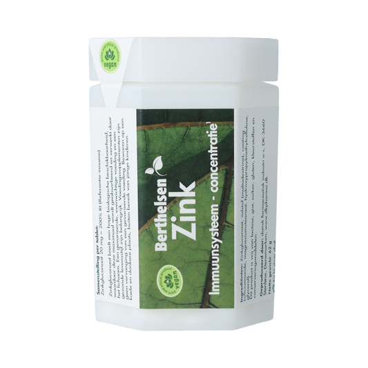Berthelsen Zink Gluconaat 20mg mineral supplement tablets, 120 count, showing the product packaging and tablets.
