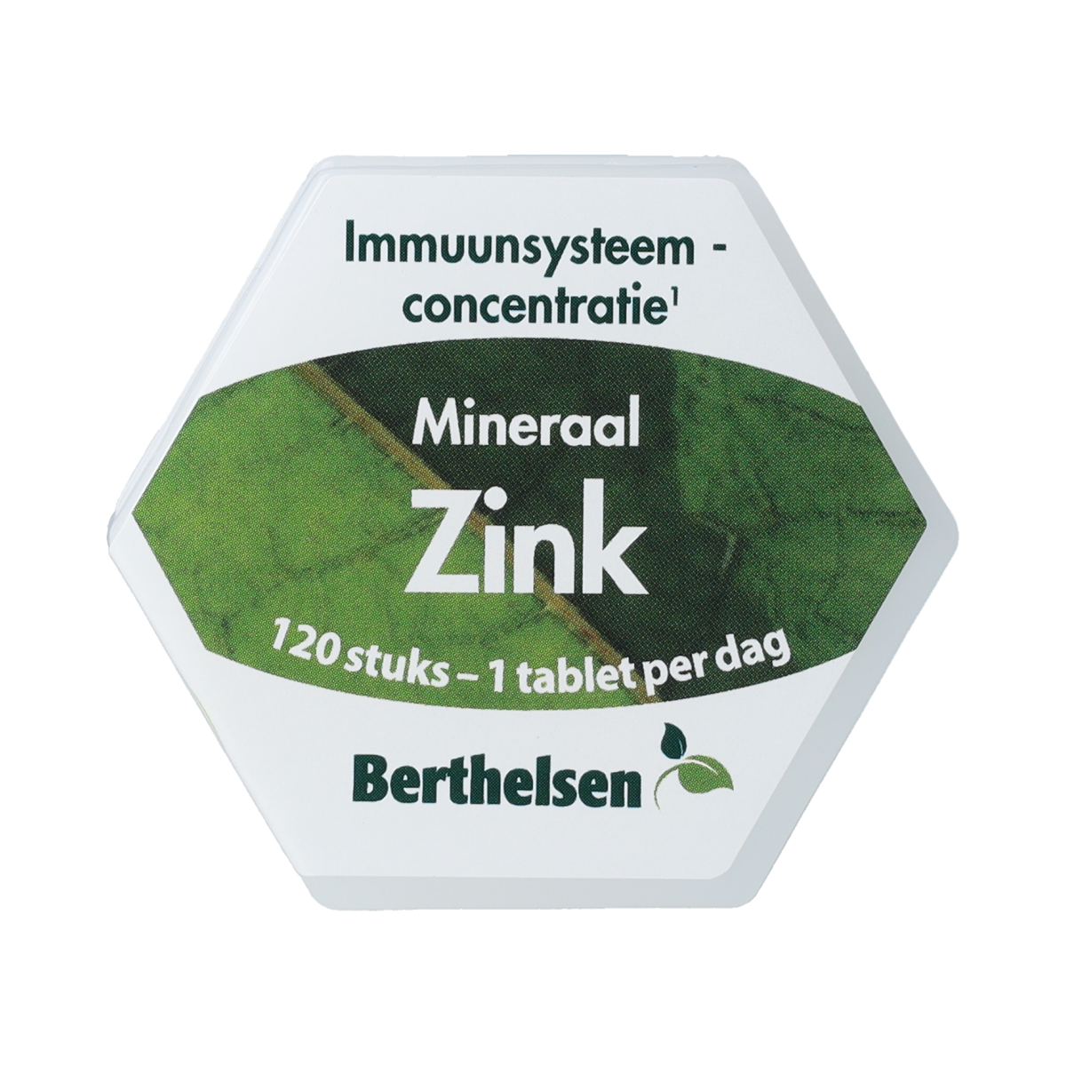Berthelsen Zink gluconaat 20mg mineral tablets, 120 count, showing the supplement packaging and tablets.
