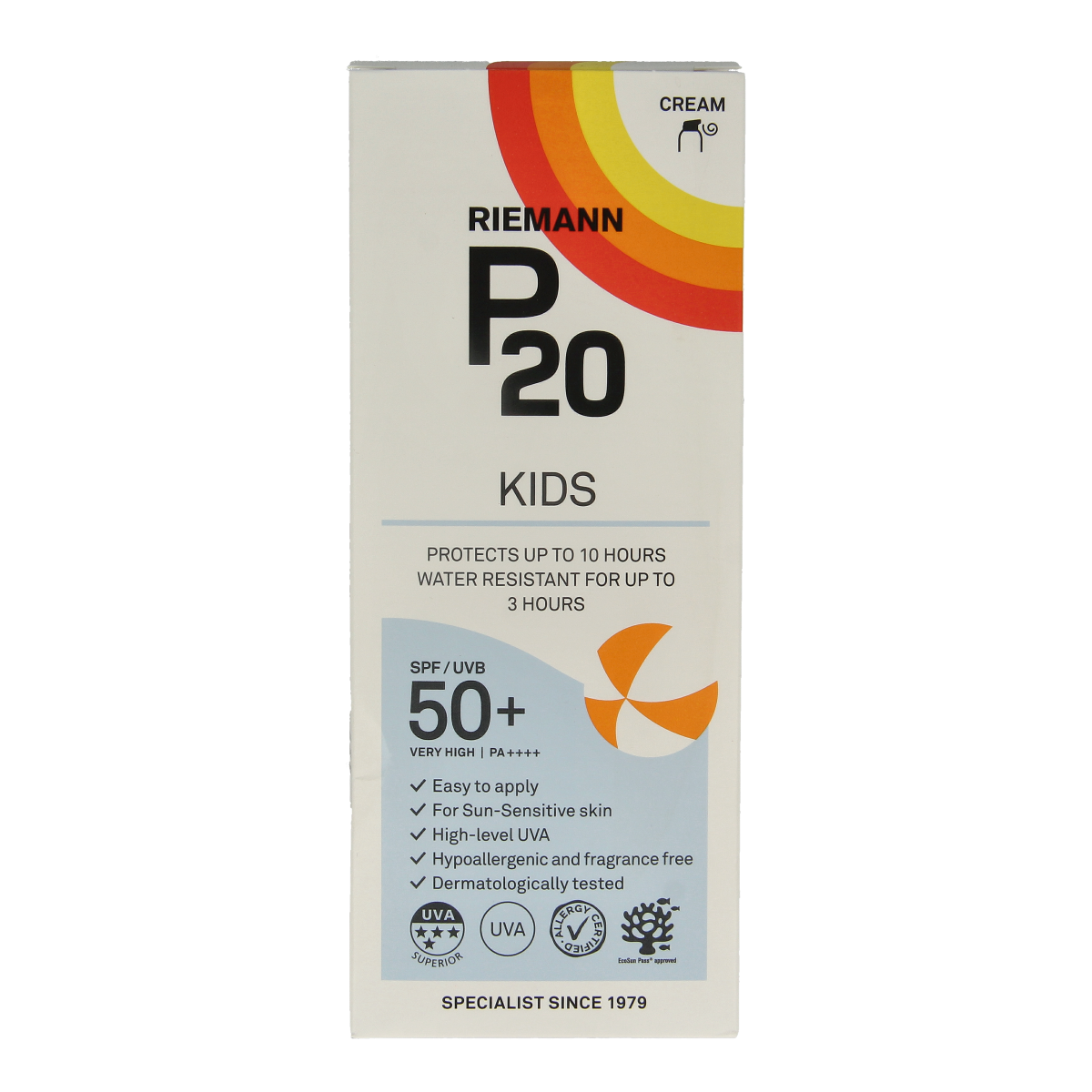 P20 Kids SPF50+ lotion bottle with 200ml size, featuring bright packaging and child-friendly design.