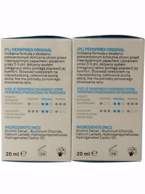 Perspirex Antiperspirant roll-on deodorant bottle, 20ml, with white cap and clear label showing product details.