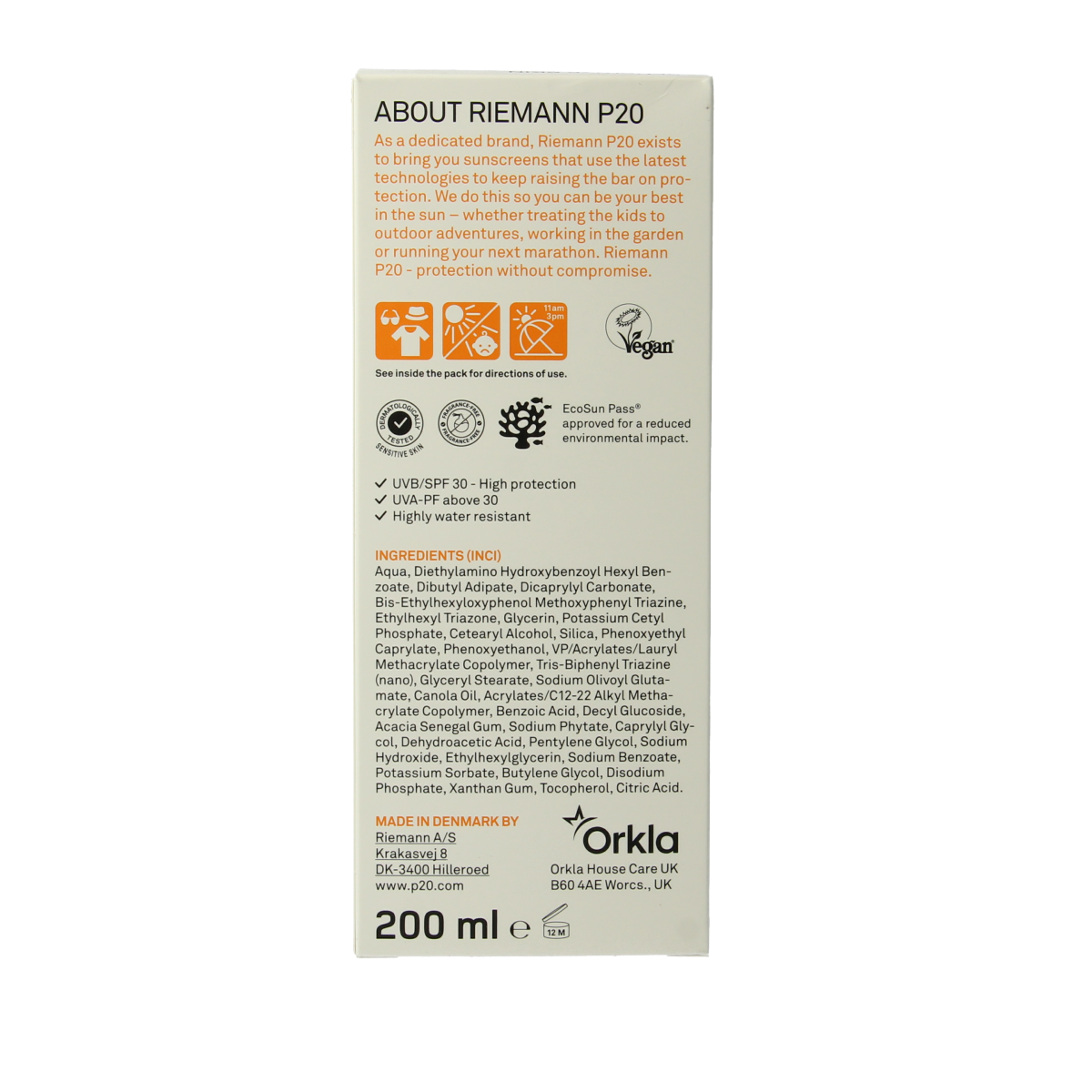 P20 Sensitive SPF30 suntan lotion in 200ml bottle, designed for sensitive skin protection from the sun.