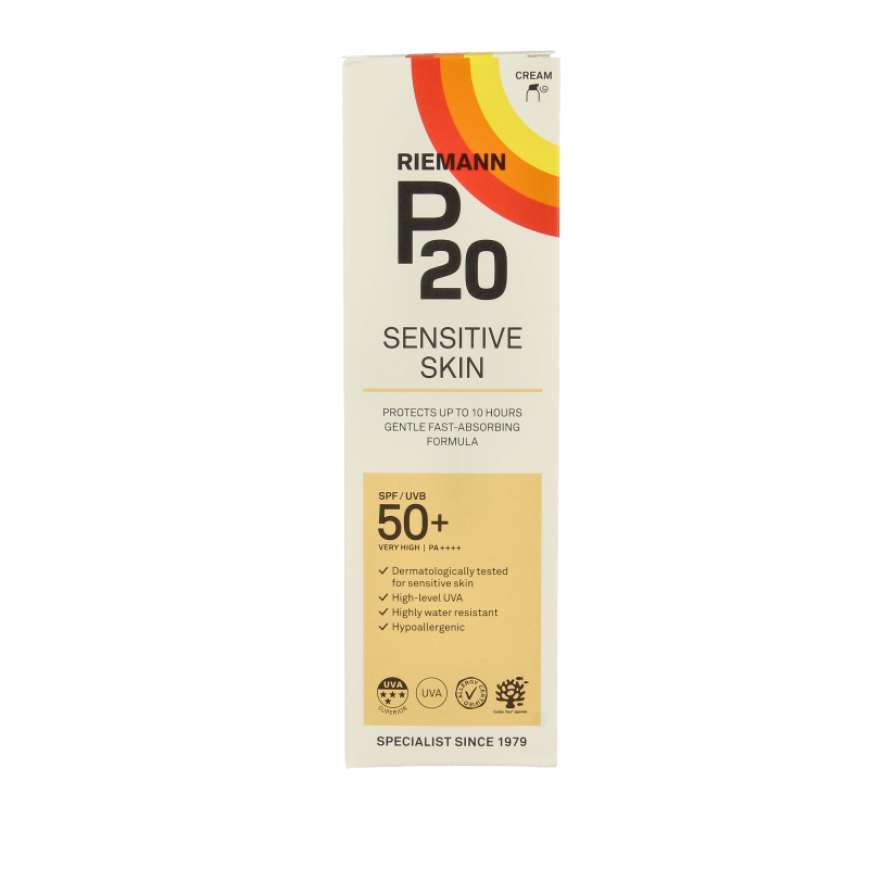 P20 Sensitive lotion SPF50+ sun protection lotion in 100ml bottle, suitable for sensitive skin, with SPF50+ sun protection.