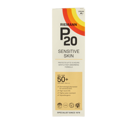P20 Sensitive lotion SPF50+ sun protection lotion in 100ml bottle, suitable for sensitive skin, with SPF50+ sun protection.