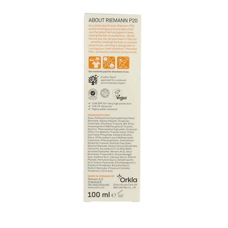 P20 Sensitive lotion SPF50+ sun protection lotion in a 100ml bottle, designed for sensitive skin, with a clean, minimalist packaging.