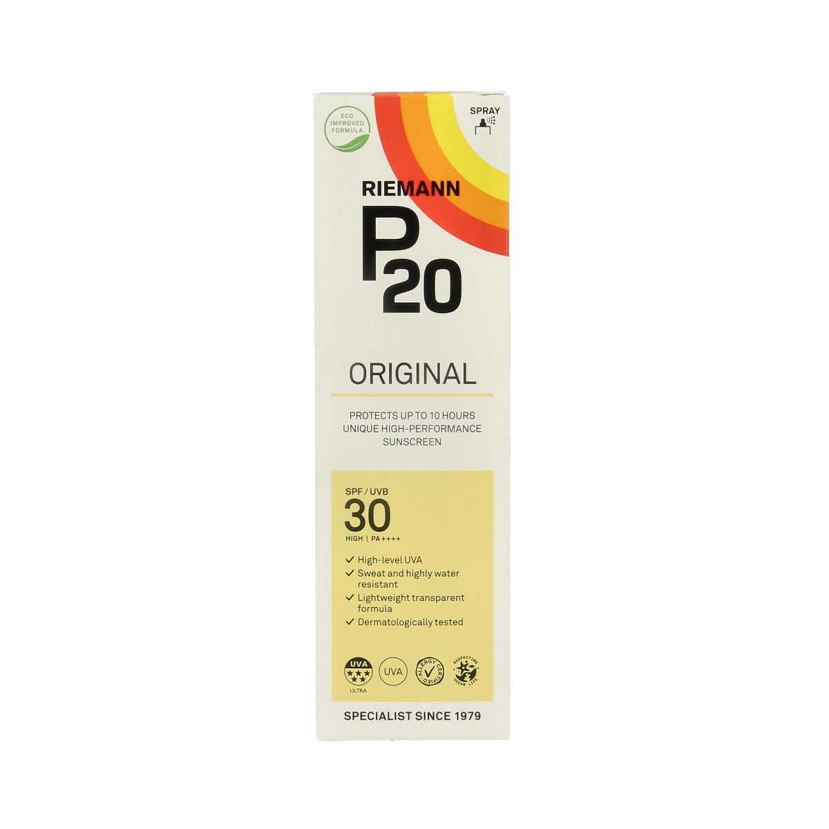 P20 Original SPF30 sun spray in 85ml bottle, featuring a compact, easy-to-apply sunscreen for outdoor protection.