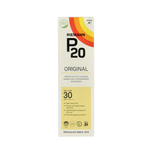 P20 Original SPF30 sun spray in 85ml bottle, featuring a compact, easy-to-apply sunscreen for outdoor protection.