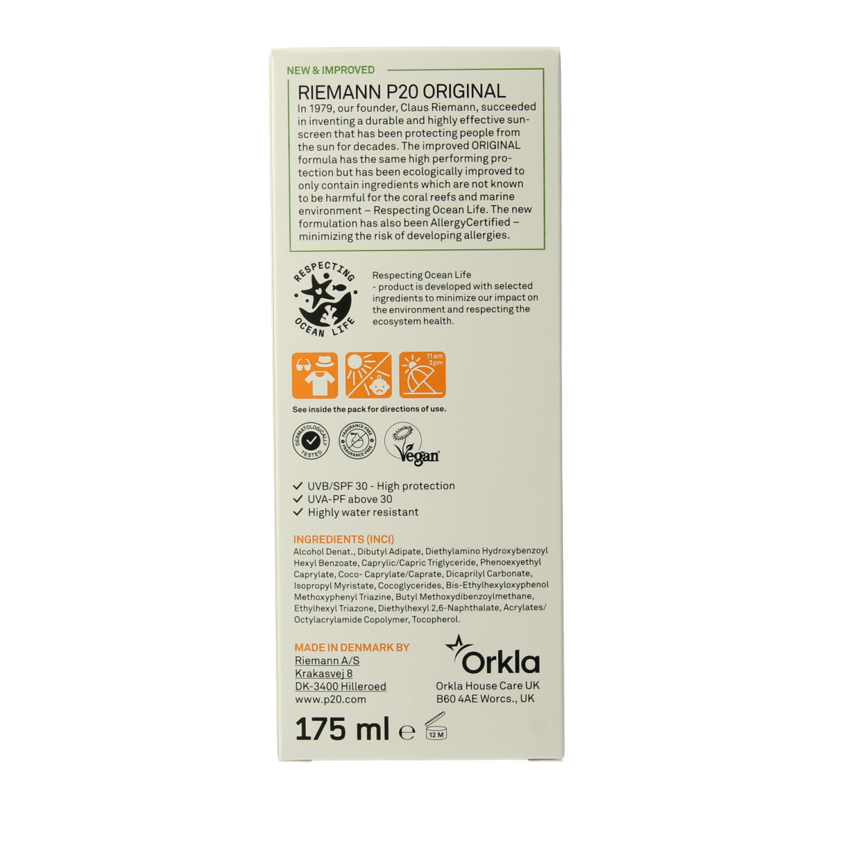 P20 Original SPF30 spray sunscreen in 175ml bottle, featuring a white and blue label with UV protection for outdoor sun safety.