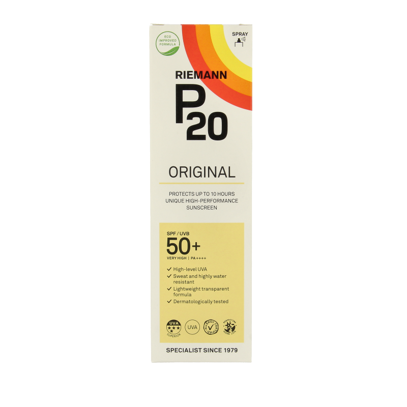 P20 Original SPF50+ spray bottle for sun protection, 85ml, with a white and blue packaging design