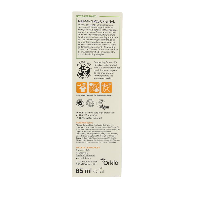 P20 Original SPF50+ spray bottle, 85ml, sun protection product for skin, with a white and orange packaging design.