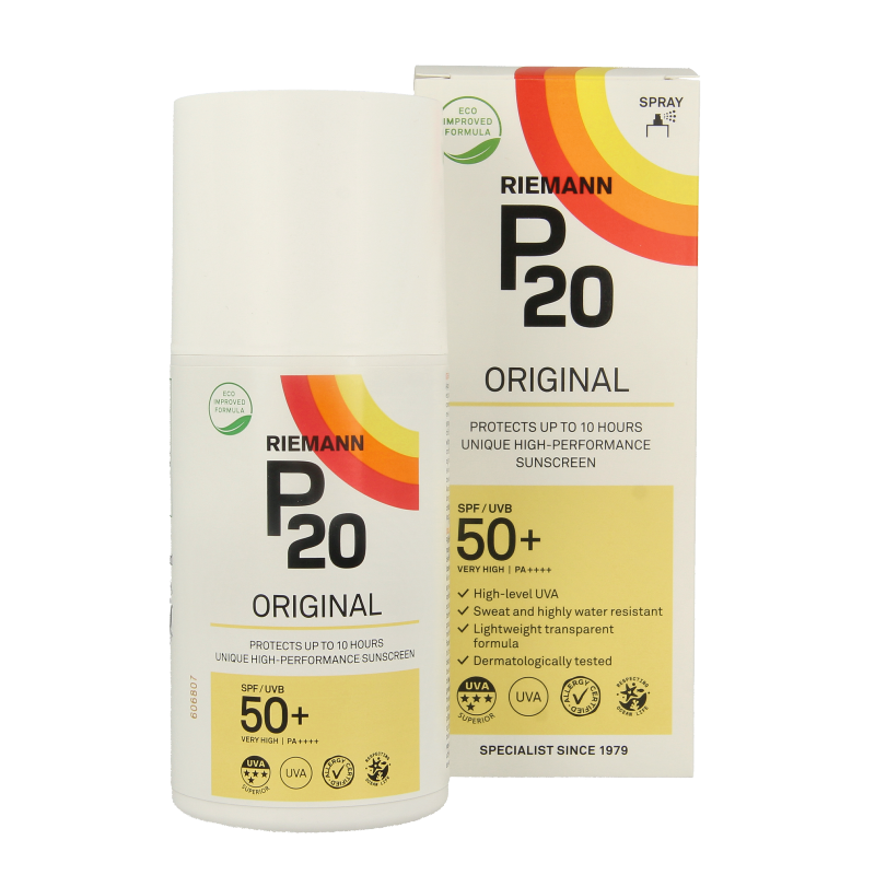 P20 Original SPF50+ sun spray bottle, 175ml, with bright packaging and spray nozzle for sun protection.