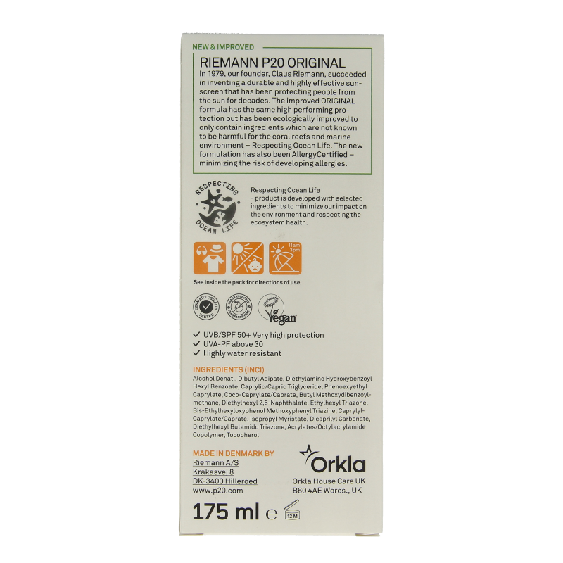 P20 Original SPF50+ sunscreen spray bottle, 175ml, with sun protection label and spray nozzle visible.