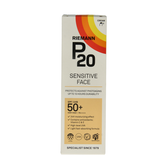 P20 Once a day face cream SPF50 in 50g jar, nourishing sun protection moisturizer with broad-spectrum SPF.