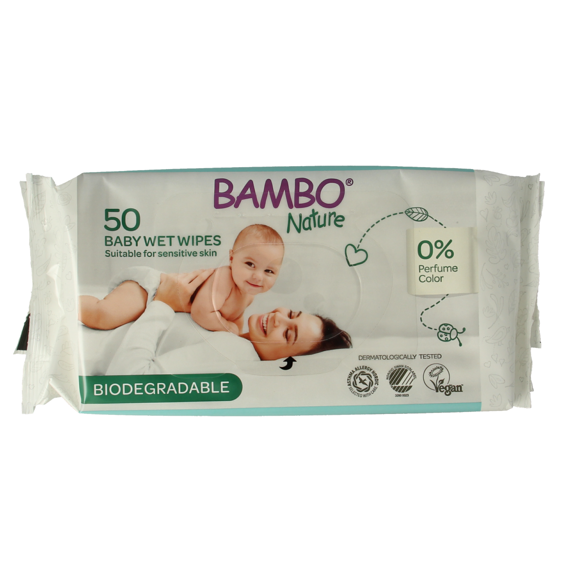 Bambo Nature wet wipes pack with 50 disposable wipes, soft and gentle for baby's skin, in a colorful packaging.
