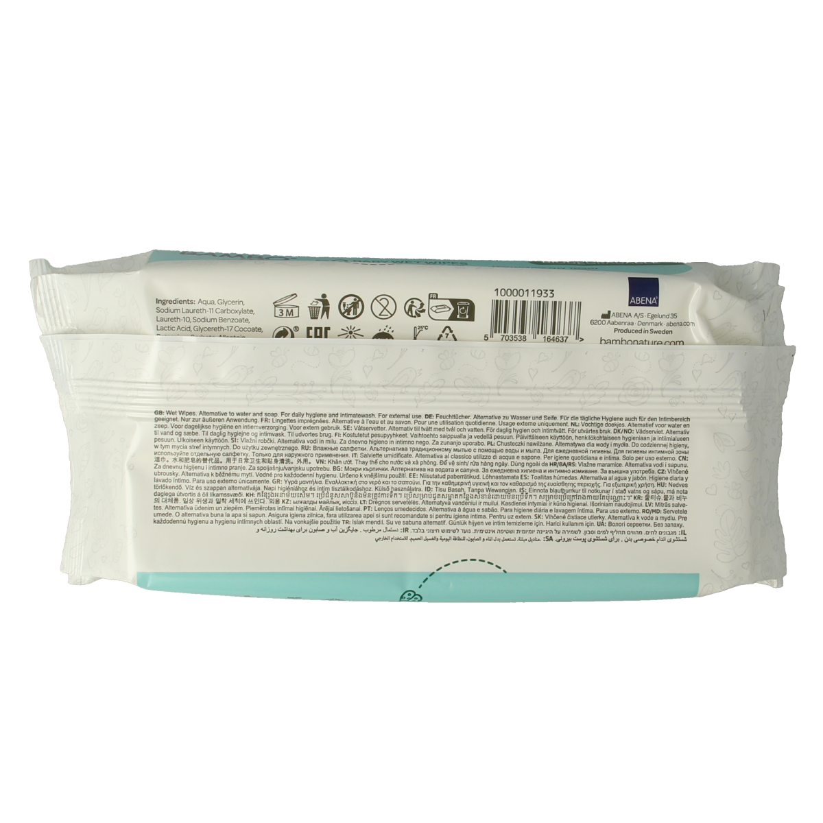 Bambo Nature wet wipes in a pack of 50,000, soft and gentle for baby skin, displayed in a colorful package.