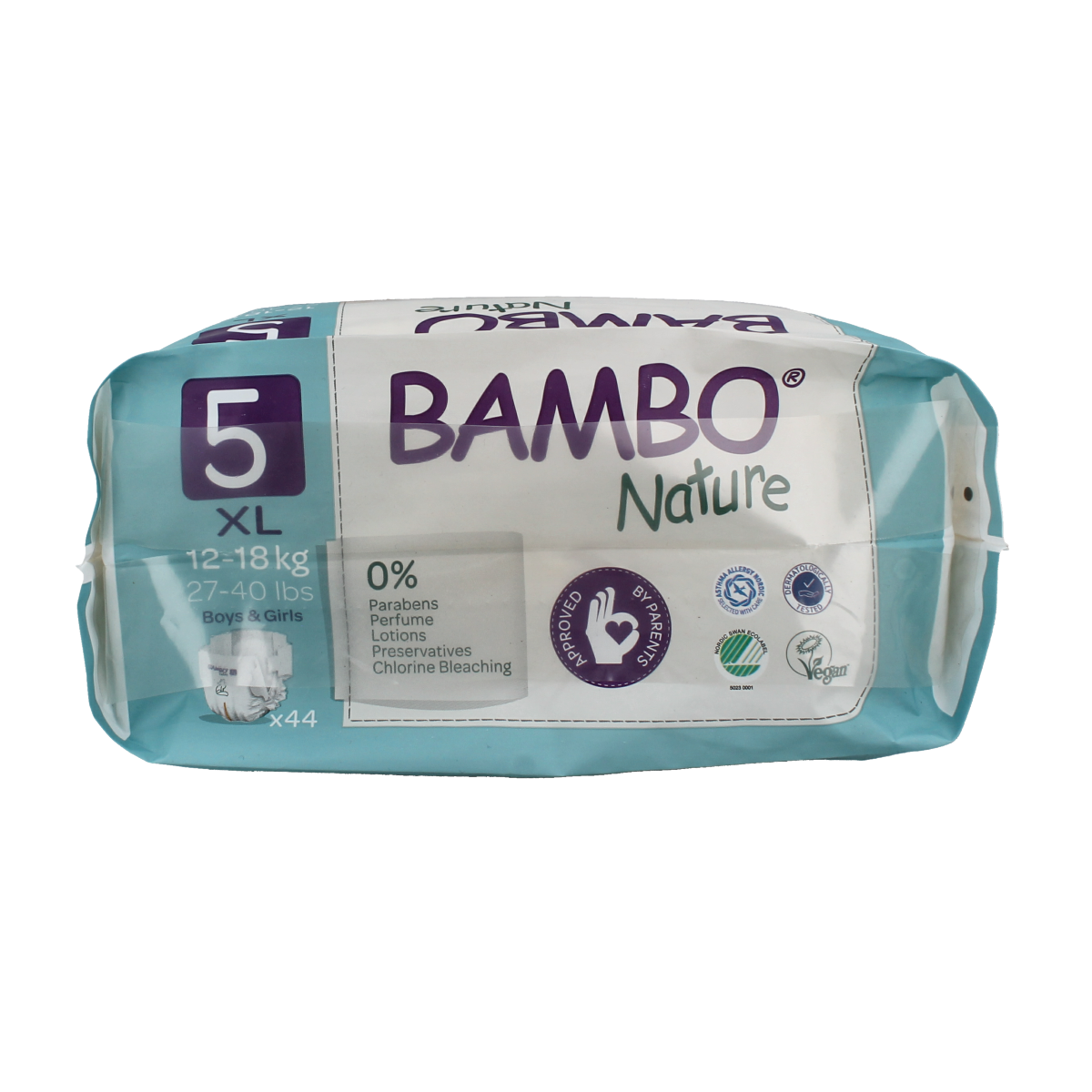 Bambo Babyluier junior 5 diaper pack for 12-18 kg, showing 44 disposable diapers with soft, breathable material.