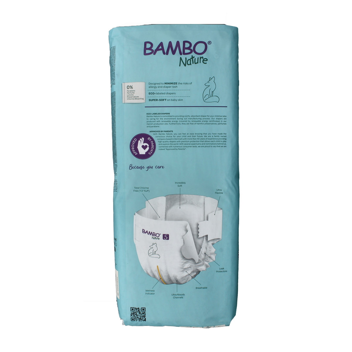 Bambo Babyluier junior diapers for 12-18 kg, pack of 44, showing soft, absorbent diaper with Bambo branding.