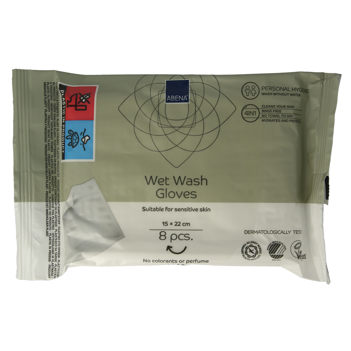 Abena Wet wash washandjes verzorgend, 8 pack, soft facial cleansing wipes for gentle skin care.