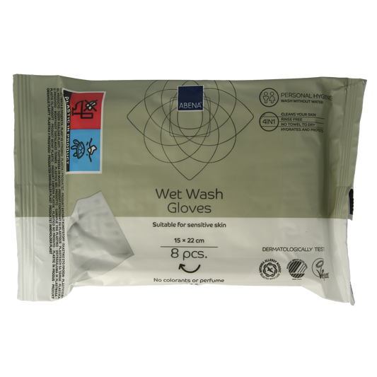 Abena Wet wash washandjes verzorgend, 8 pack, soft facial cleansing wipes for gentle skin care.
