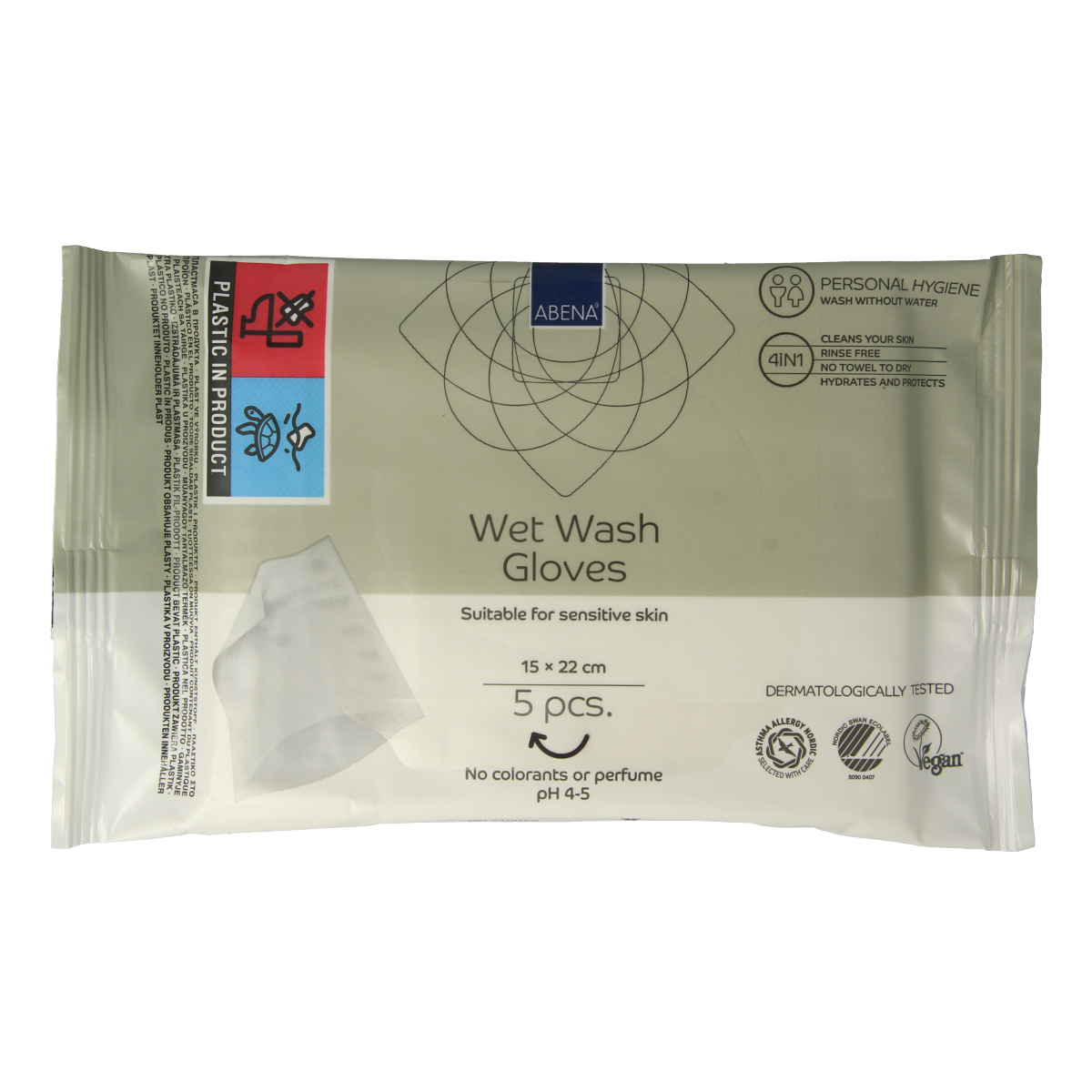Abena Wet wash washandjes verzorgend, set of 5 soft, moisturizing body washcloths for gentle cleansing and skin care.