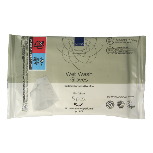 Abena Wet wash washandjes verzorgend, set of 5 soft, moisturizing body washcloths for gentle cleansing and skin care.