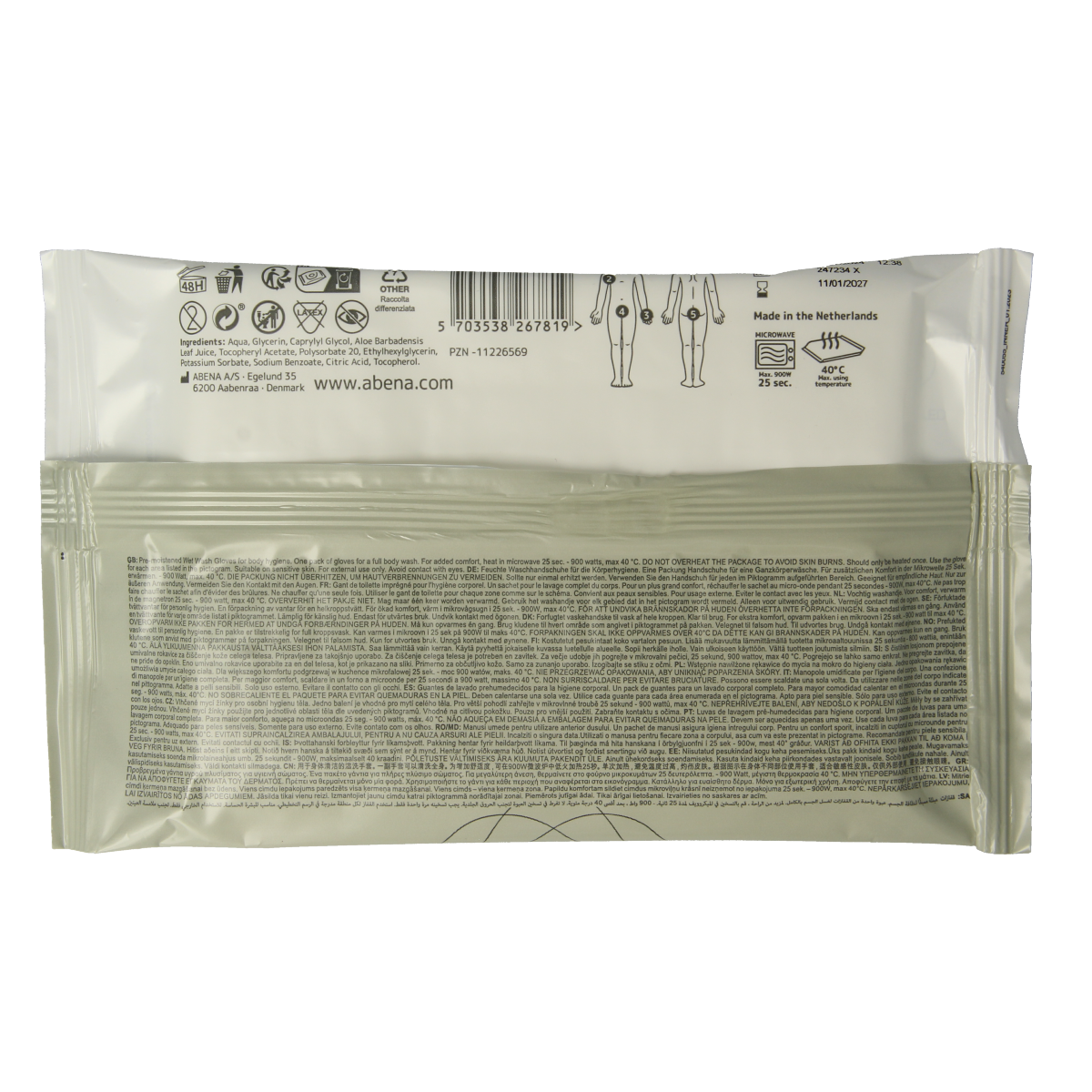 Abena Wet Wash Hand Towels, set of 5, soft and gentle body care washcloths for sensitive skin, in a clean, folded arrangement.