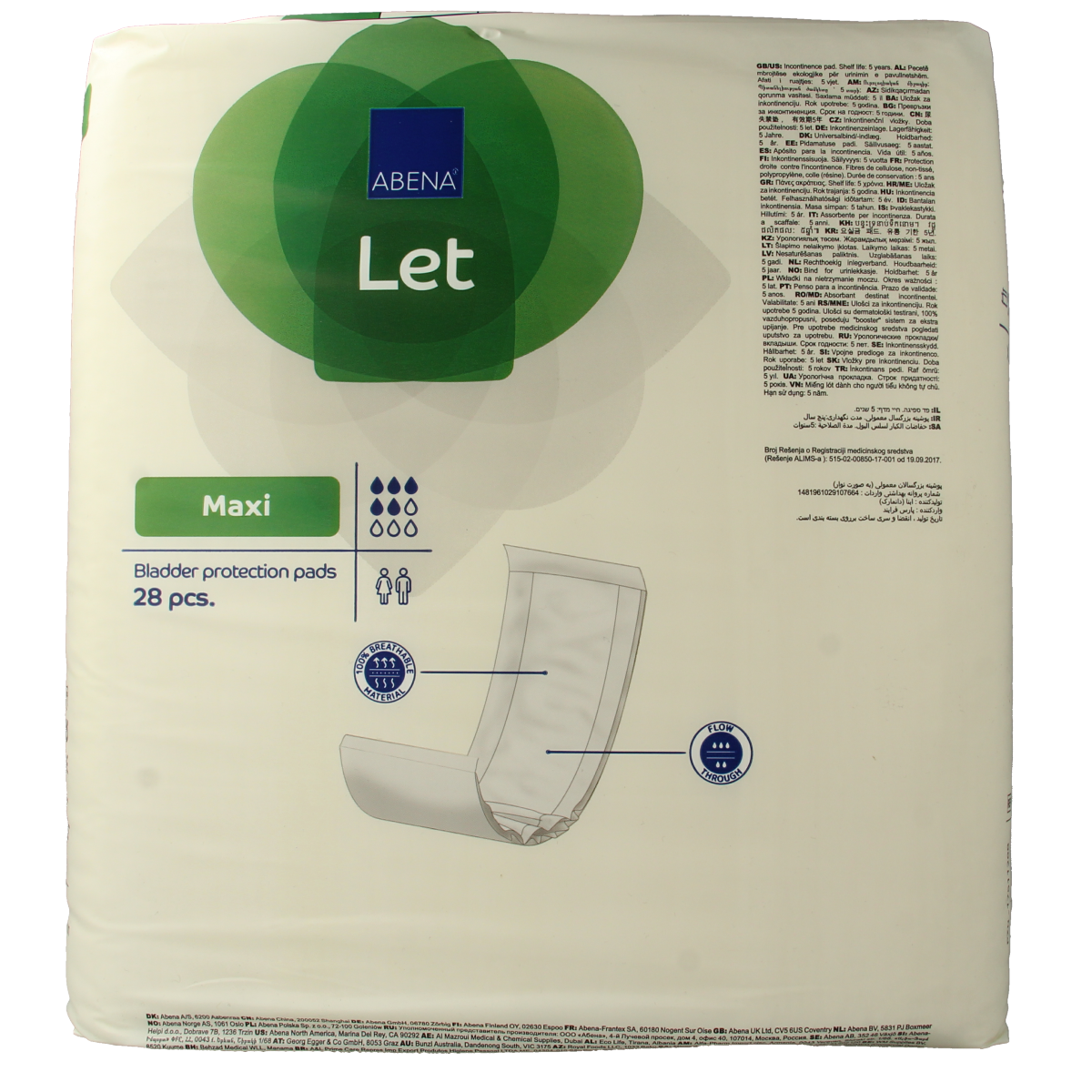 Abena Abena let maxi incontinent pads, 28-pack, with absorbent material and leak-proof design for adult incontinence care.