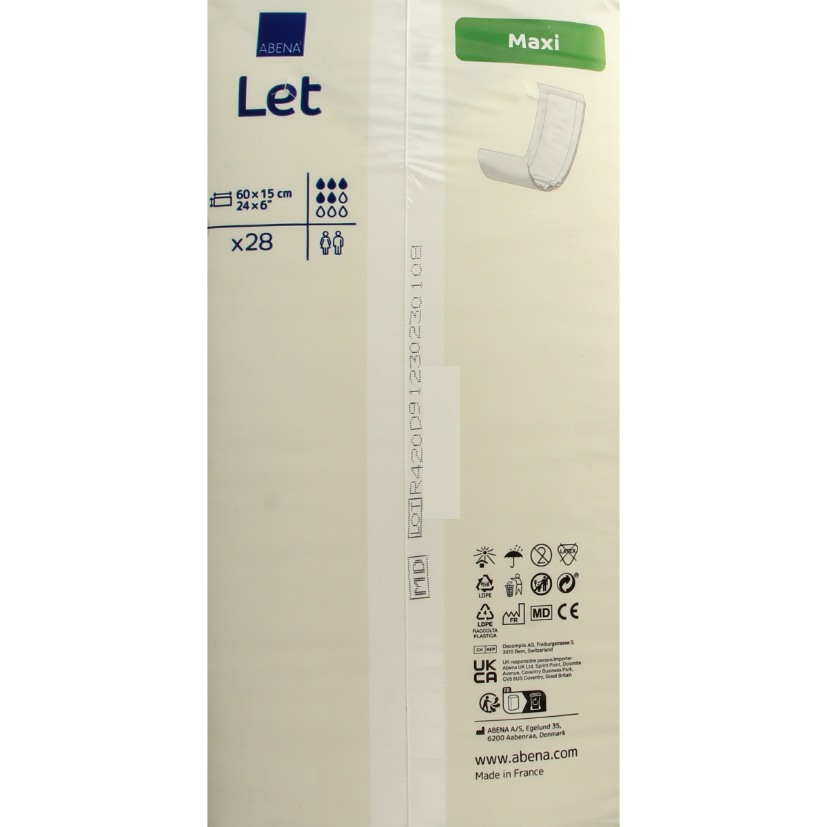 Abena Abena Let Maxi incontinence pads, pack of 28, with absorbent design for reliable urinary leak protection.