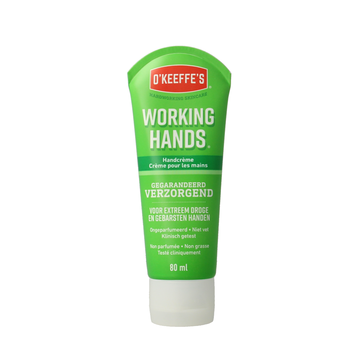 O'Keeffe's Hand Care tube, 80ml, moisturizing hand cream in a white tube with blue accents, designed for dry, cracked hands.