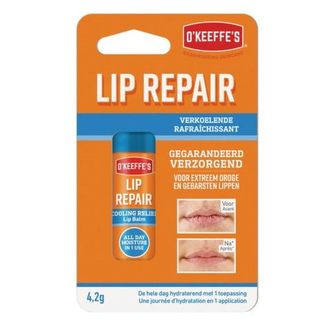 O'Keeffe's Lip Repair cooling lip balm in a 4.2g container, designed to soothe and hydrate chapped lips.