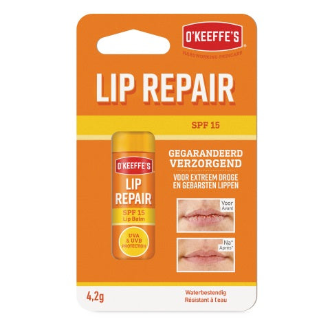 O'Keeffe's Lip Repair & Protect SPF15 lip balm in a 4.2g tube, designed to moisturize and shield lips from sun damage.