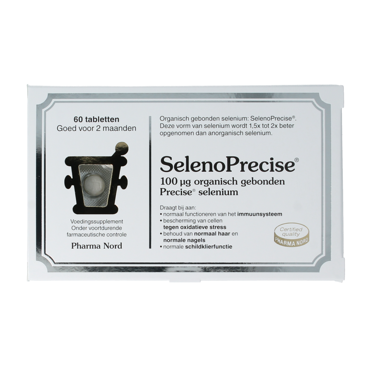Pharma Nord SelenoPrecise 60-tablet bottle of selenium vitamin supplement with orange and white packaging.