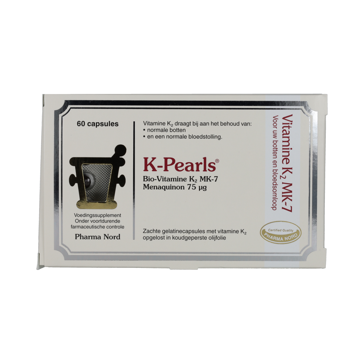 Pharma Nord K-Pearls vitamin tablets in blister pack, showing round, orange capsules for daily nutritional support.