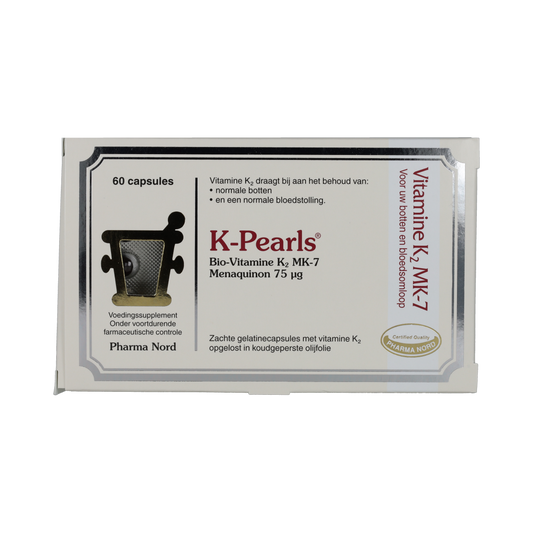 Pharma Nord K-Pearls vitamin tablets in blister pack, showing round, orange capsules for daily nutritional support.