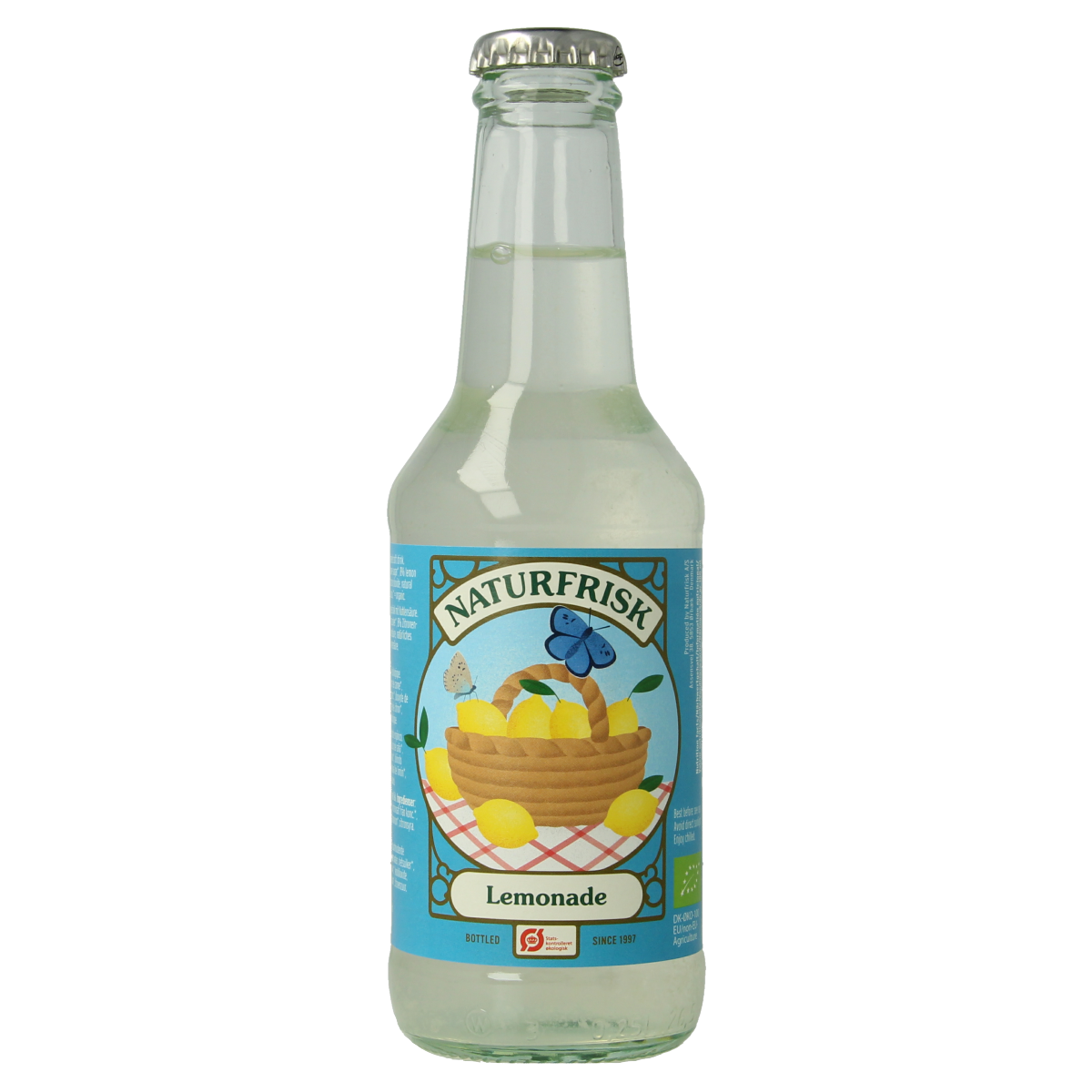 Bottle of Naturfrisk Lemonade bio with a yellow label, 250ml, sitting on a wooden surface with a lemon in the background.