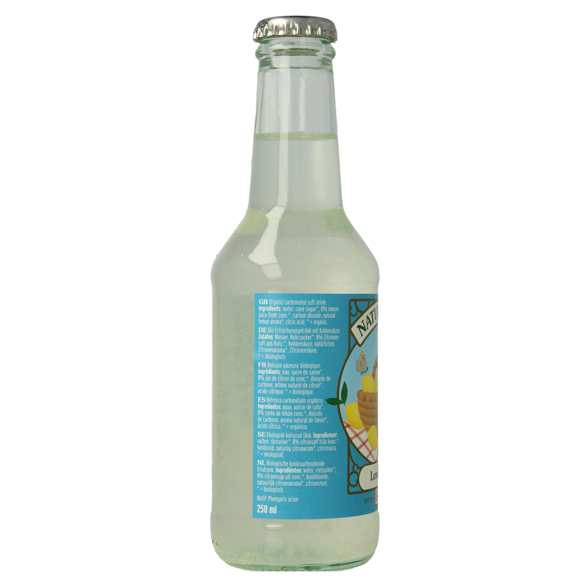 Naturfrisk Lemonade bio 250ml glass bottle with fresh lemon slices and natural ingredients, showcasing a refreshing organic drink.