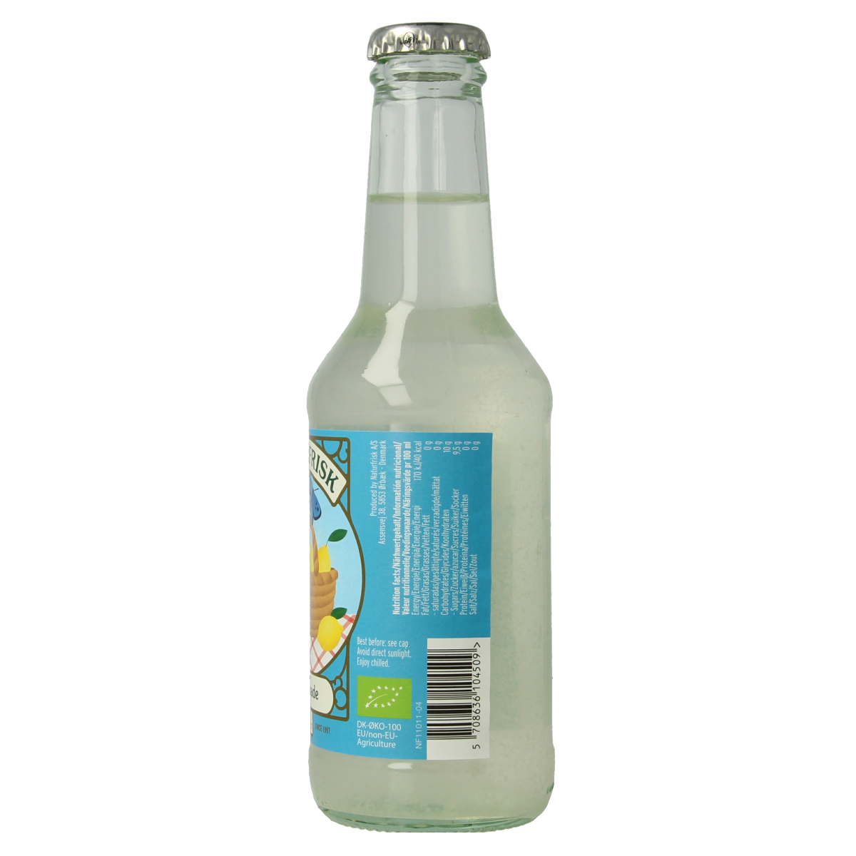 Naturfrisk organic lemonade in a 250ml bottle, with fresh lemon slices visible, showcasing a refreshing fruit beverage.