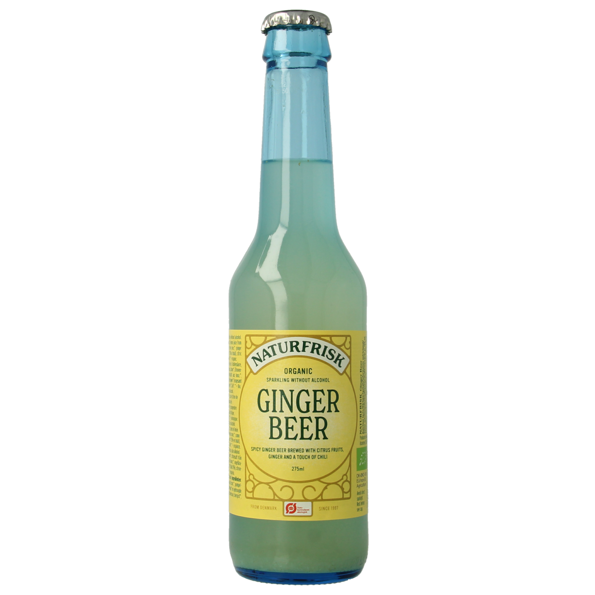 Naturfrisk organic ginger beer in a 275ml bottle, featuring fresh ginger and natural ingredients, for a refreshing drink.